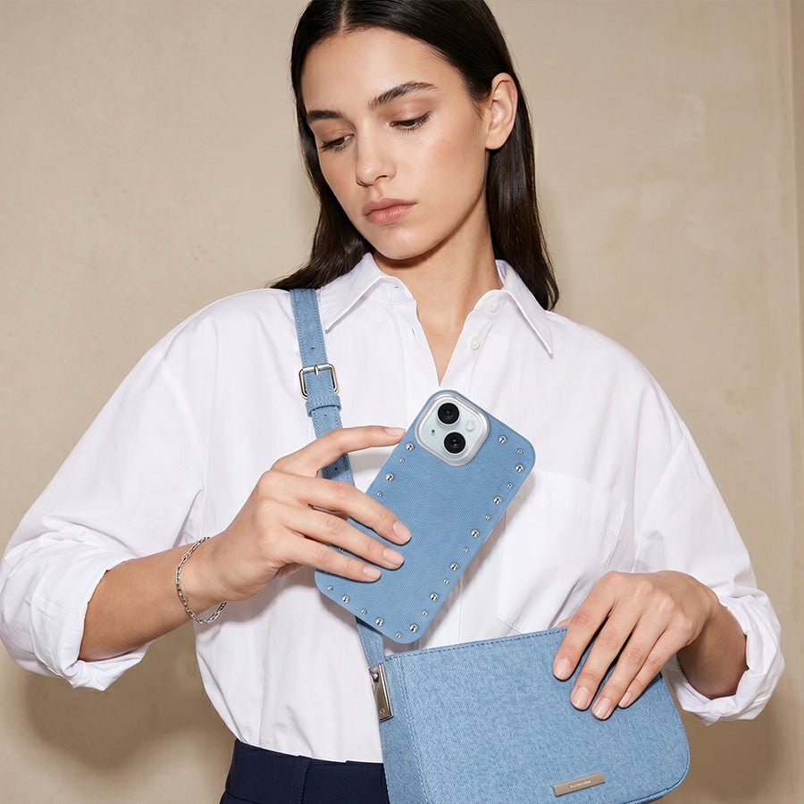 Detalle del acabado vaquero de la funda Denim MagBattery para iPhone 13
