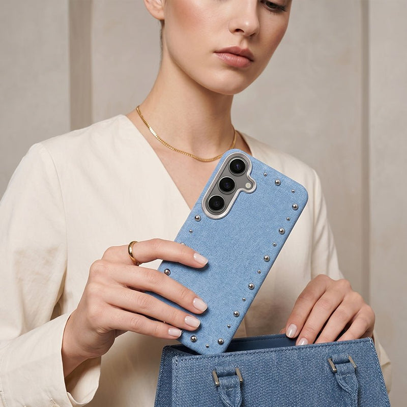 Detalle del acabado vaquero de la funda Denim MagBattery para Samsung Galaxy S24 Plus
